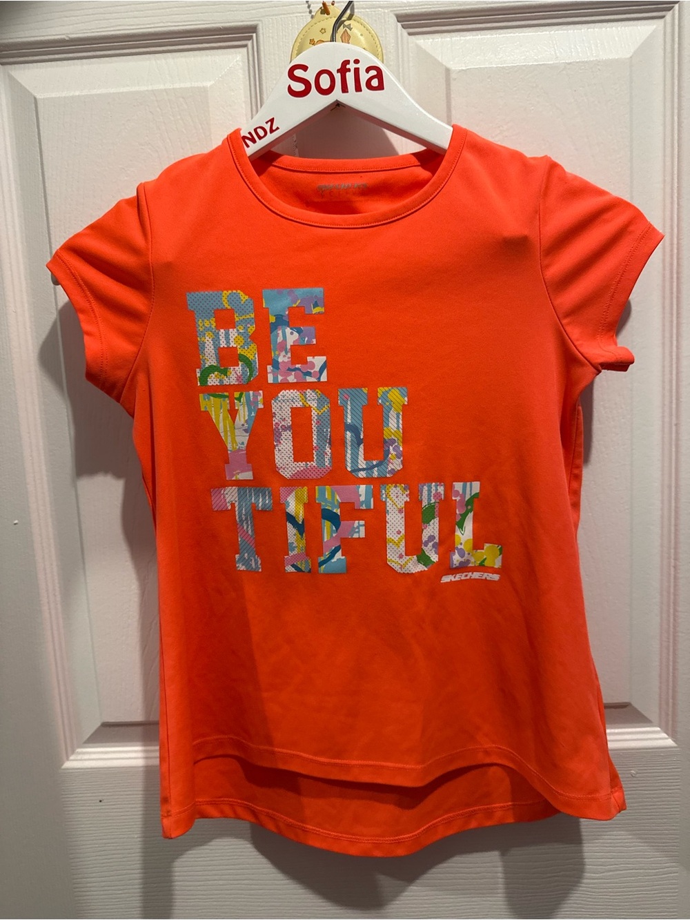 Skechers Orange Short Sleeve Tee with Colorful 'BE YOU TIFUL' Graphic